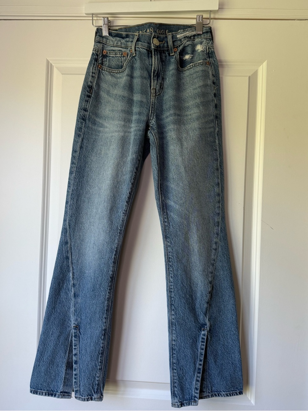 American Eagle Medium Blue Bootcut Jeans with Front Slits, Size 0, Short